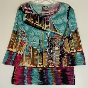 Take Two Top Womens Small Multi Cityscape Brooklyn New York Sequined Boho Artsy